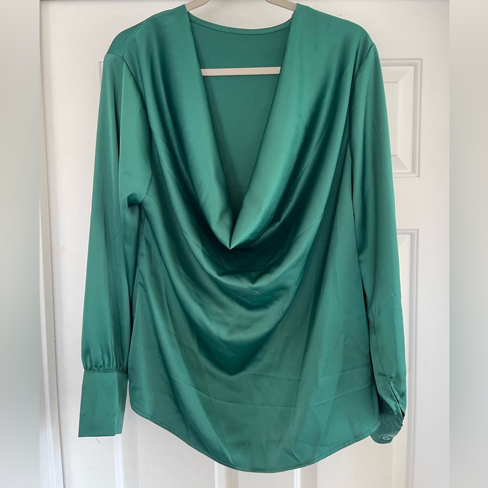 Women’s Elegant Satin Green Drape Neck Blouse- Size XL